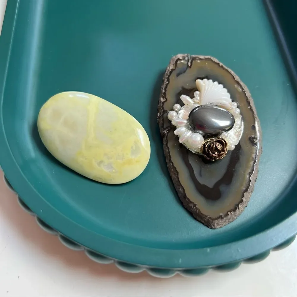 Whimsical Handmade One of a Kind Vintage XL Natural Stone Geode 2 Pc Brooch Lot
